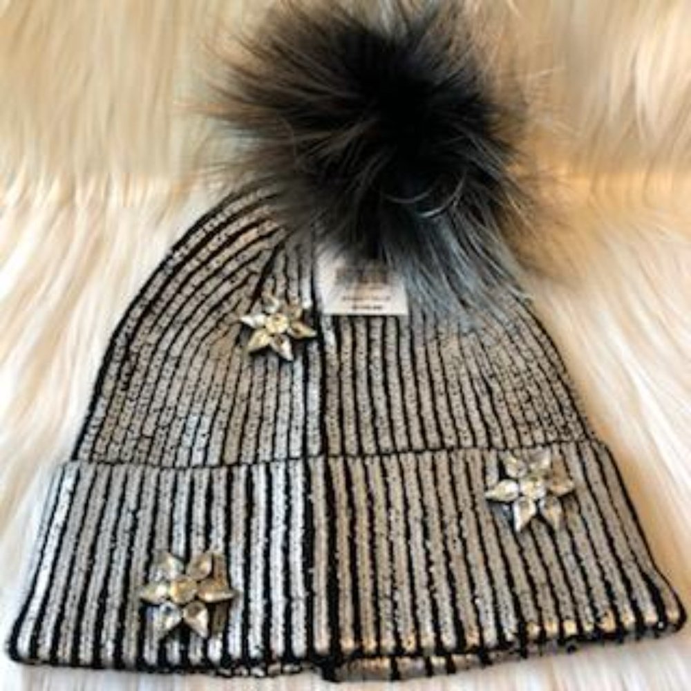 Metallic Knit & Fox Fur PomPom Hat